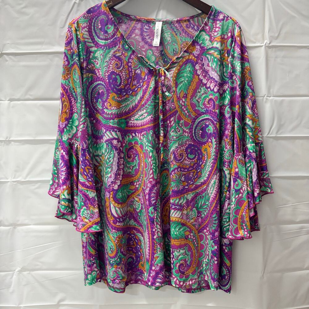 Dear Scarlett XL Paisley Bell Sleeve Tunic Top Purple Green Tie Neck Boho Blouse